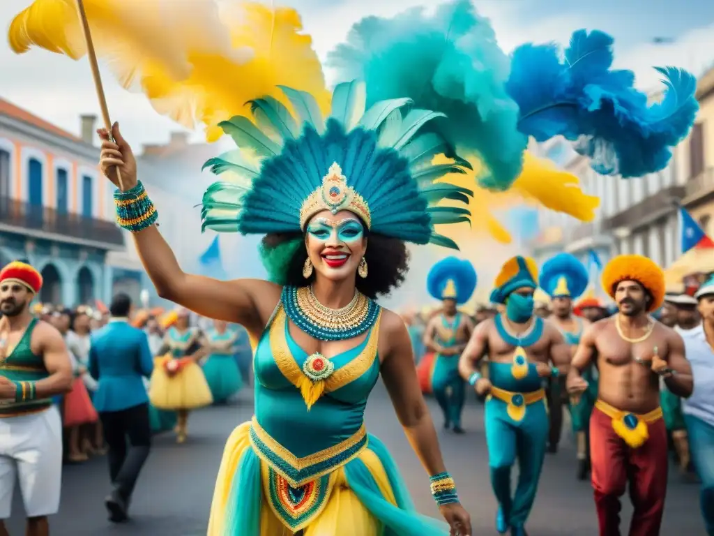 Vibrante pintura acuarela detallada del Carnaval en Uruguay con trajes coloridos y música tradicional