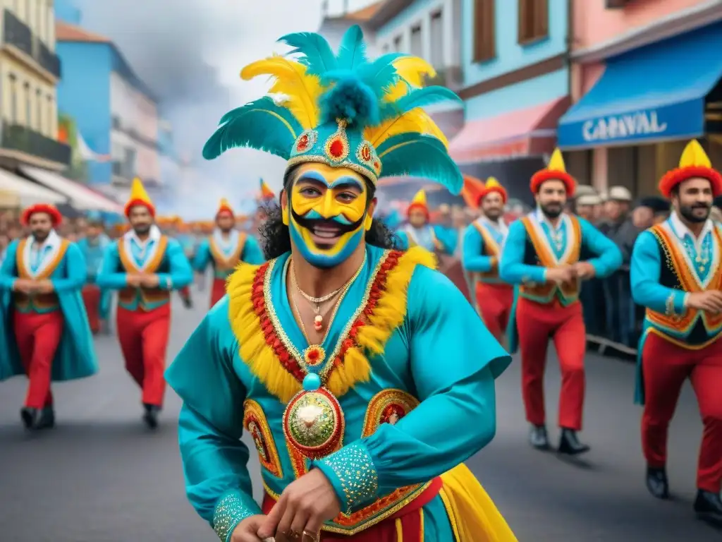 Vibrante pintura acuarela detallada del Carnaval Uruguayo, reflejando la tradición cultural con trajes y bailes coloridos