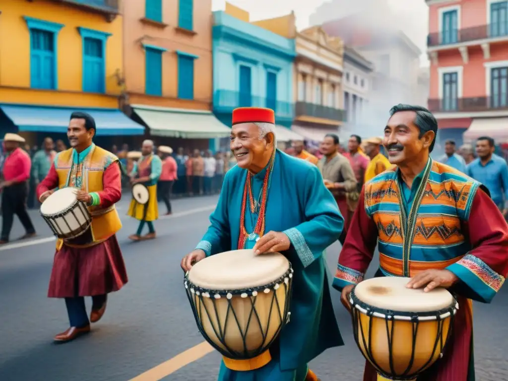 Vibrante pintura de los grandes maestros del Candombe Uruguayo tocando tambores en un desfile callejero