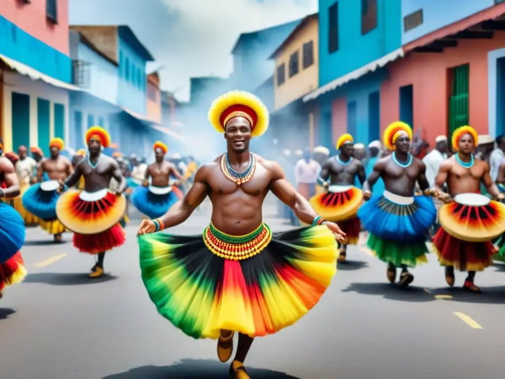 Una vibrante pintura acuarela de influencias africanas en vestuario candombe