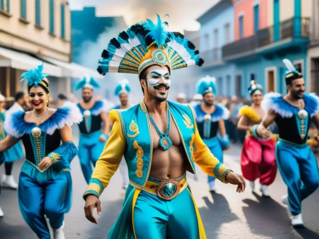 Vibrante pintura acuarela de performers de Carnaval en Uruguay