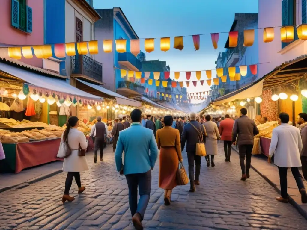 Vibrante ilustración acuarela de preparativos Carnaval Uruguayo noche en calles de Montevideo