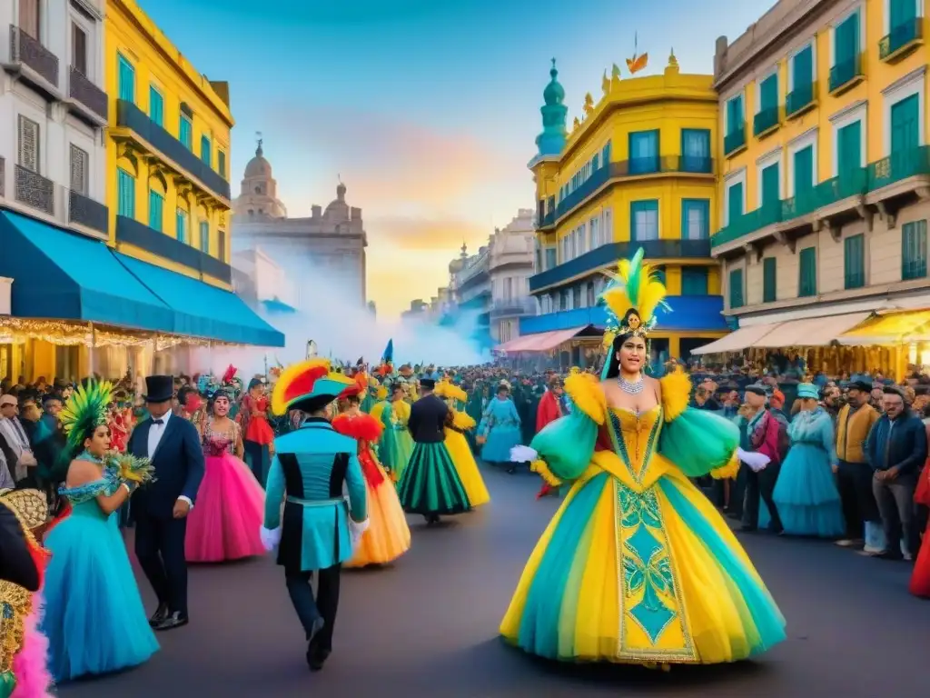 Vibrante ilustración de la Rambla de Montevideo durante el Carnaval, con carrozas, danzas y multitud alegre