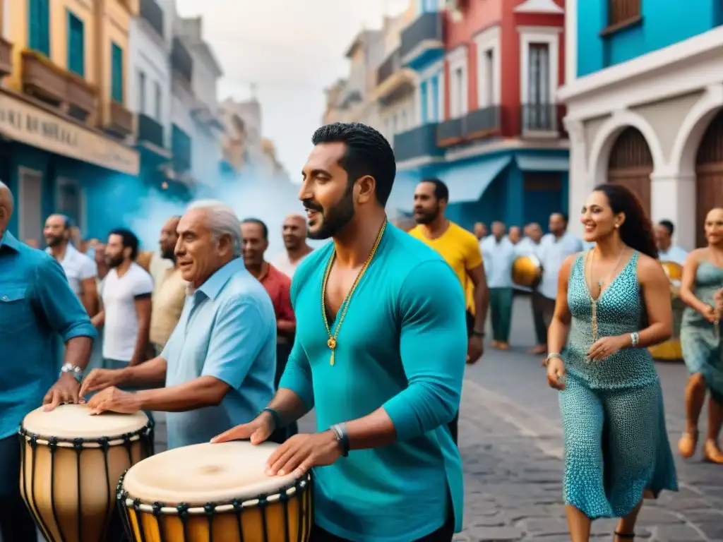 Una vibrante sesión de tambores de Candombe en las calles de Montevideo, Uruguay, resaltando la importancia del Candombe en Uruguay