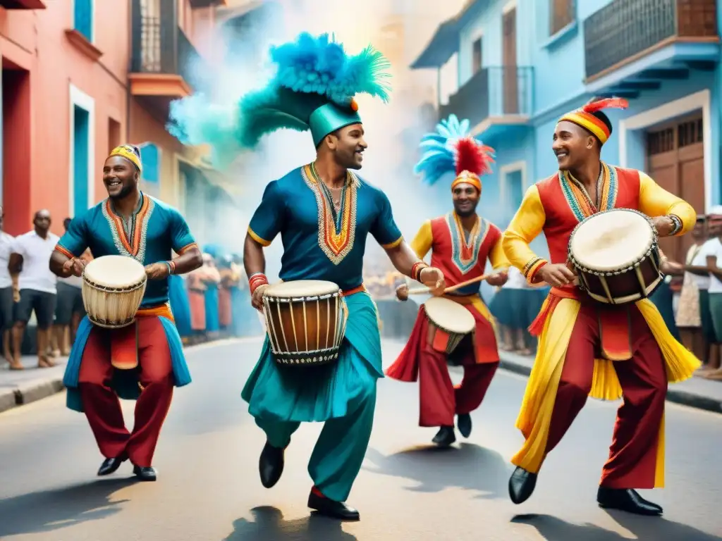 Vibrante taller de Candombe en Uruguay con bailarines y tambores en ilustración acuarela