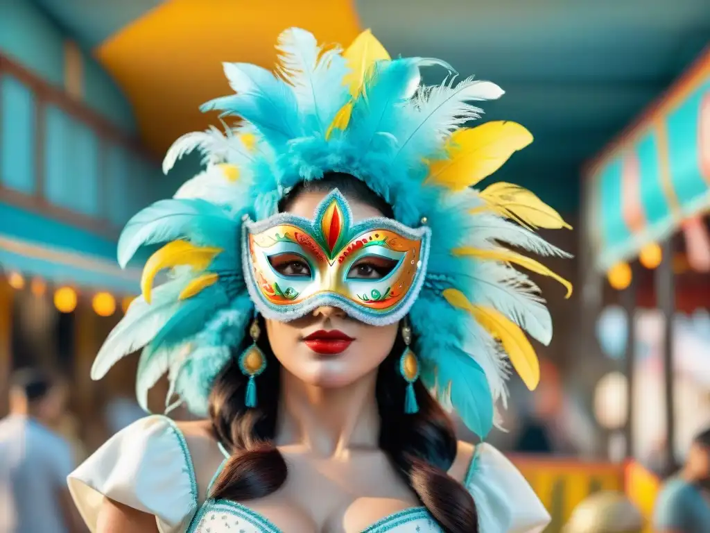 Un vibrante taller de carnaval uruguayo, lleno de artesanos creando máscaras y trajes coloridos con plumas y lentejuelas