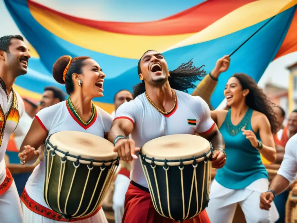 Un vibrante taller de candombe en Uruguay con diversidad de participantes disfrutando la música y baile tradicional