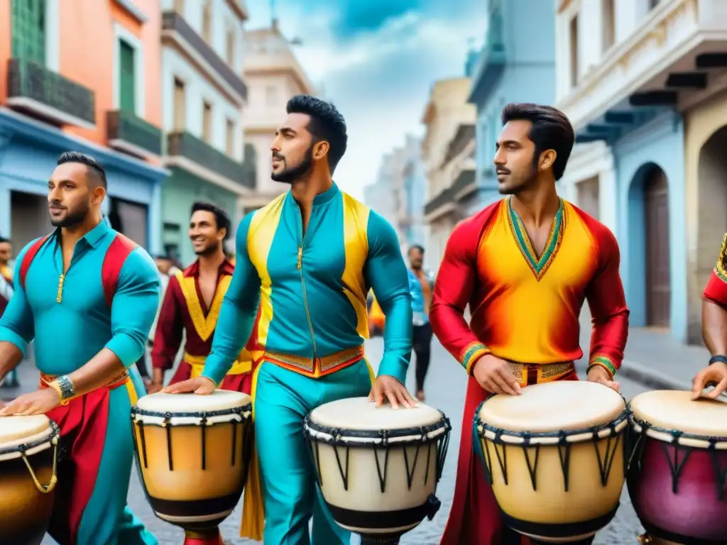 Un vibrante taller de candombe en Uruguay con músicos apasionados y coloridos atuendos tradicionales en las calles de Montevideo