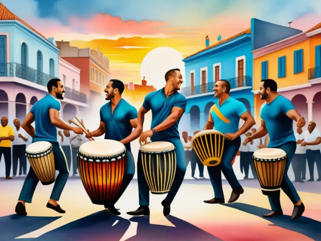 Un vibrante taller de candombe en Uruguay: músicos y bailarines junto a edificios históricos, bajo un atardecer colorido