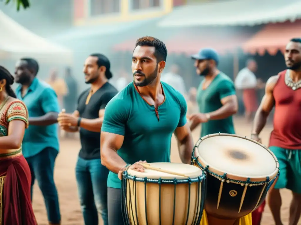 Vibrante taller de candombe en Uruguay: músicos, tambores y coloridos trajes en una plaza llena de vida