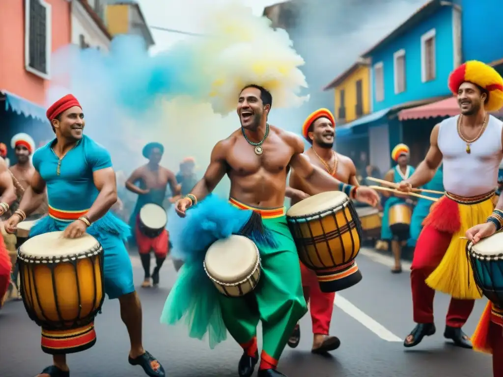 Vibrante taller de candombe en Uruguay con participantes variados bailando y tocando tambores, lleno de pasión y color