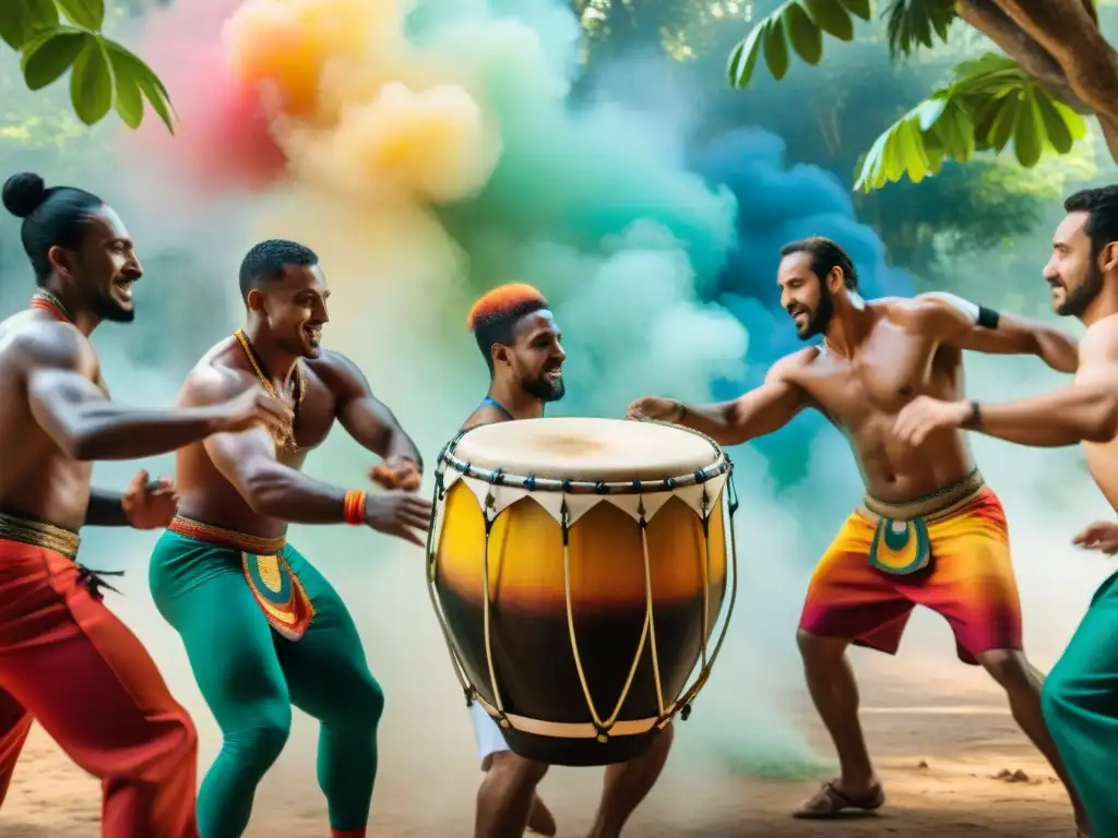 Un vibrante taller de candombe en Uruguay con personas de todas las edades y fondos tocando tambores coloridos con pasión y enfoque