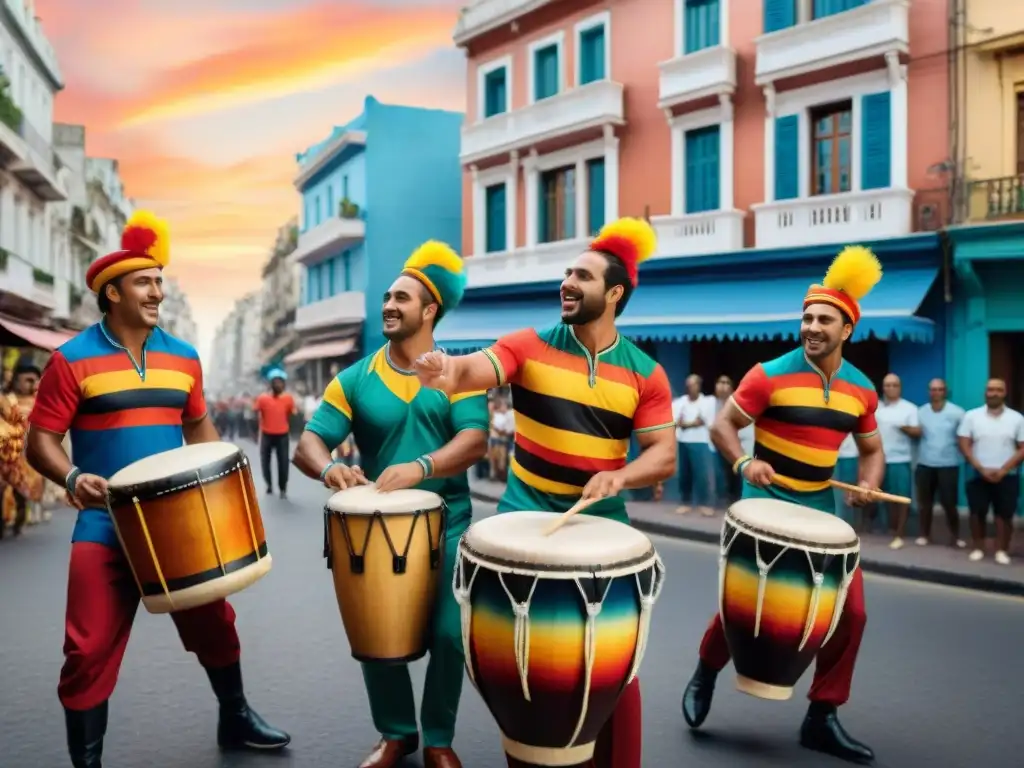 Un vibrante taller de candombe en Uruguay: tambores, ritmos y coloridas vestimentas bajo el cielo de Montevideo