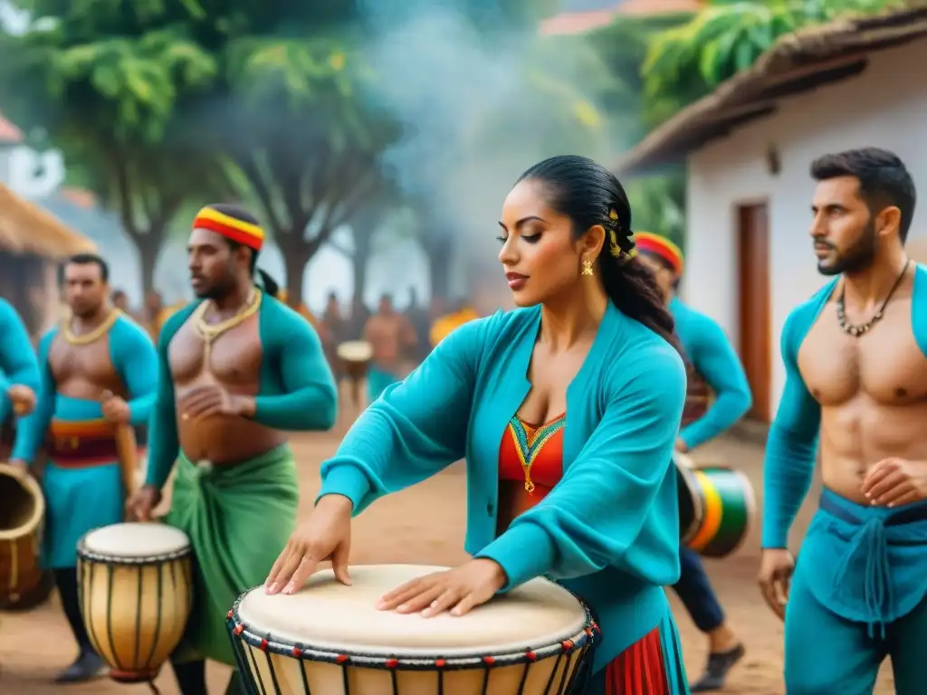 Vibrante taller de candombe en Uruguay: tamborileros de todas las edades tocando y bailando con pasión