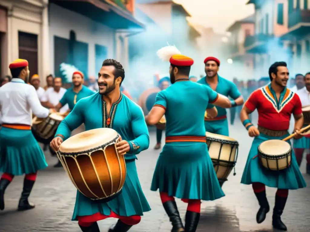 Una vibrante ilustración acuarela de tamborileros en trajes tradicionales rodeados de una multitud bailando al ritmo del Candombe uruguayo