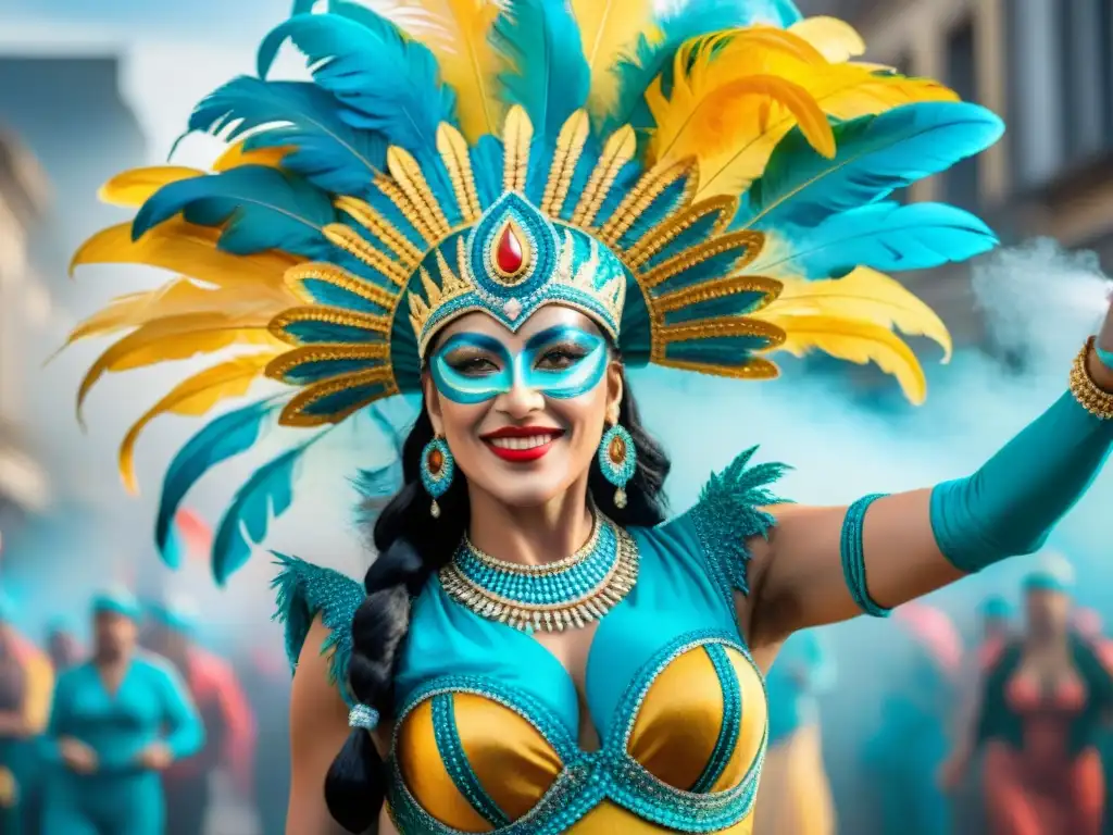 Un vibrante traje de Carnaval Uruguayo con plumas coloridas y diseños intricados, en medio de una celebración llena de energía y música