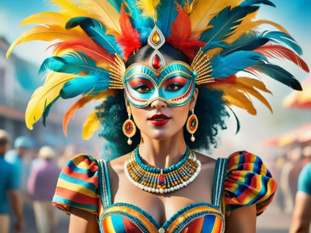 Un vibrante traje de Carnaval Uruguayo con joyas ocultas, colores intensos y detalles elaborados