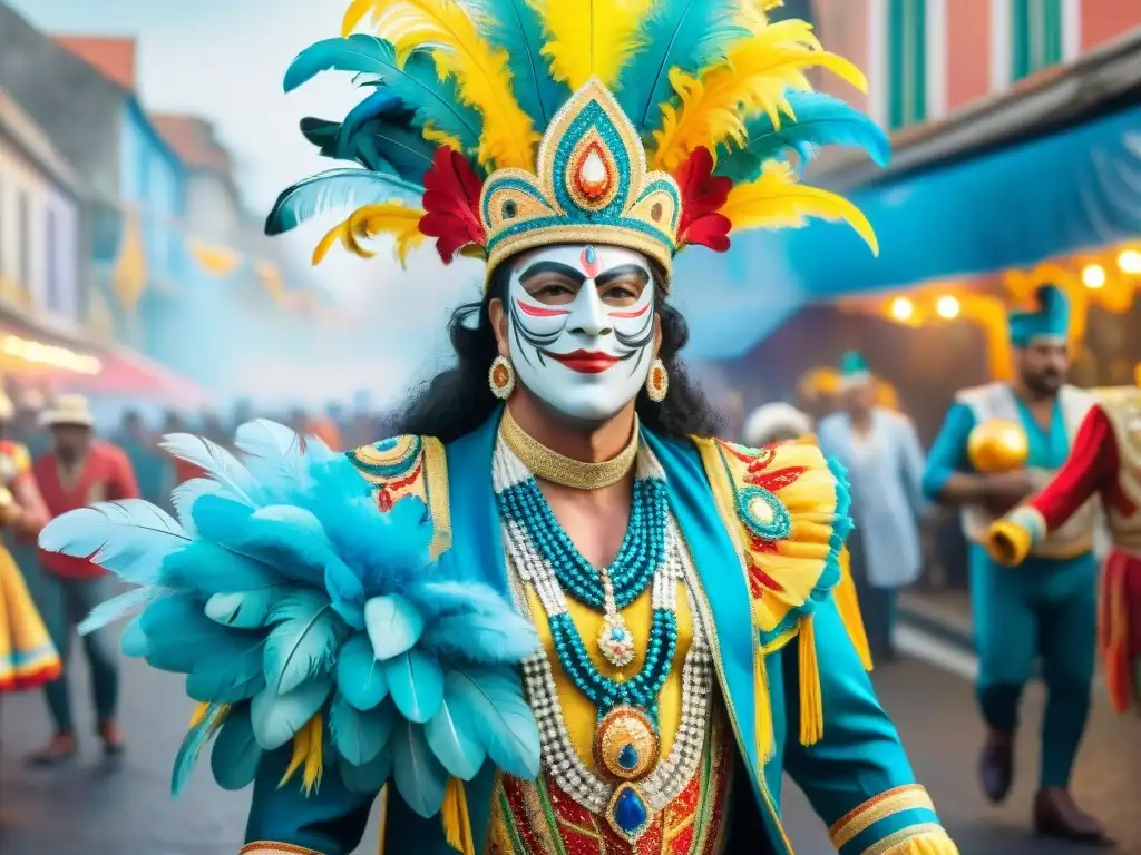 Un vibrante traje de Carnaval uruguayo con detalles intrincados, plumas coloridas y lentejuelas brillantes en una calle festiva