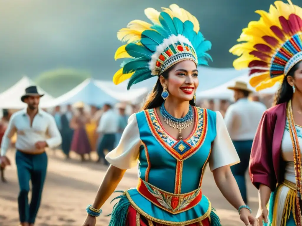 Un vibrante traje de comparsa de Uruguay con detalles elaborados y coloridos, en una escena de carnaval