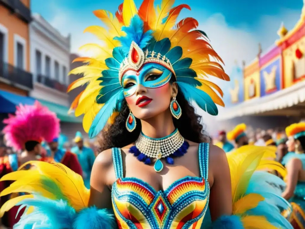 Vibrante ilustración acuarela de trajes Carnaval Uruguayo con plumas, lentejuelas y patrones elaborados en desfile festivo