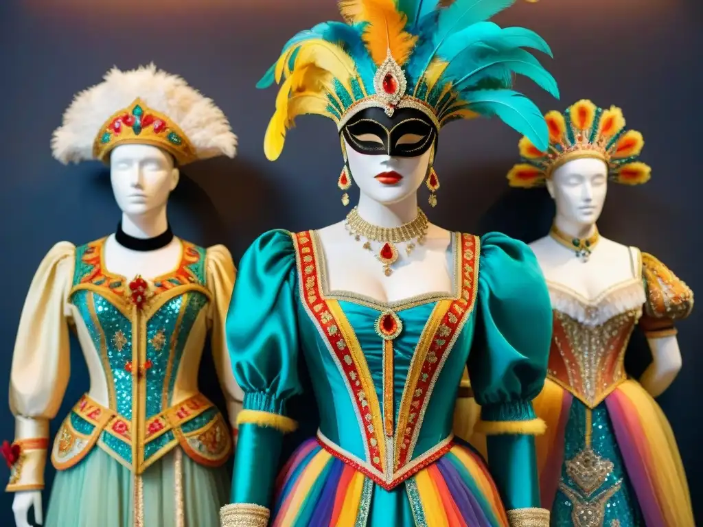 Una ilustración acuarela vibrante de trajes históricos de Carnaval ricamente detallados y coloridos, colgados en un museo