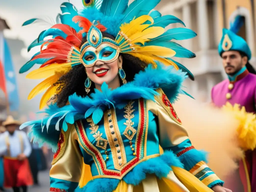 Una ilustración acuarela vibrante de trajes tradicionales del Carnaval Uruguayo, destacando detalles y colores ricos