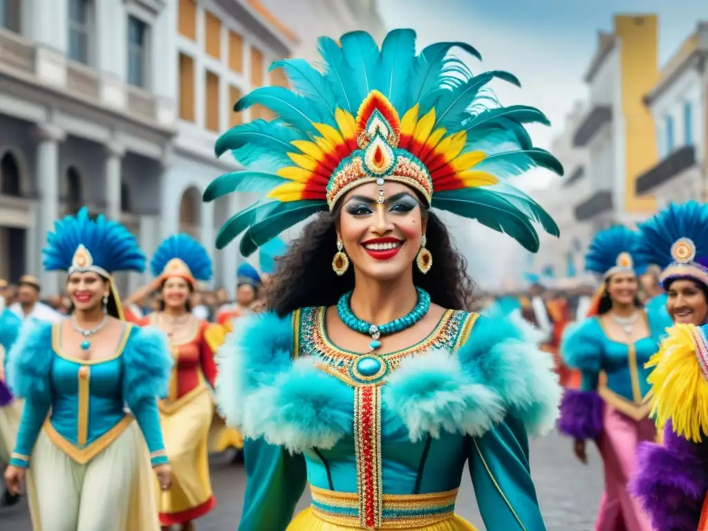 Una vibrante evolución de vestuarios de Carnaval Uruguayo, desde lo tradicional a lo moderno, en una detallada ilustración acuarela