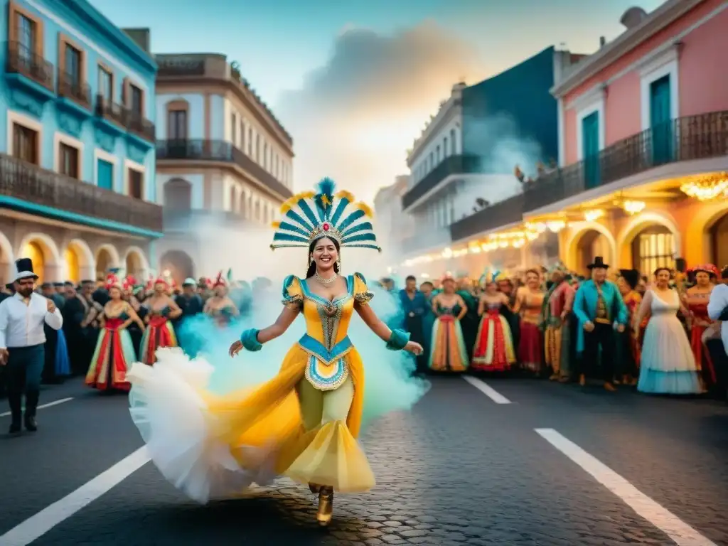 Vibrante vida urbana durante el Carnaval Uruguayo, colores y movimiento festivo