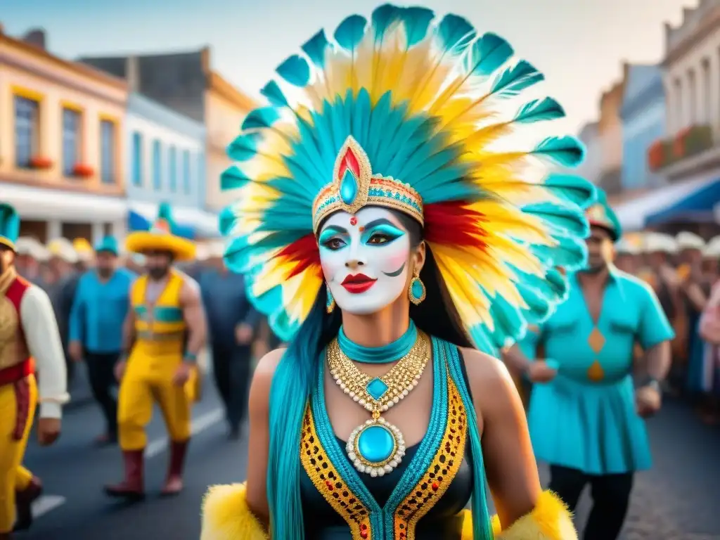 Una vibrante vista de la celebración del carnaval en Uruguay, con murgas y parodistas en trajes coloridos