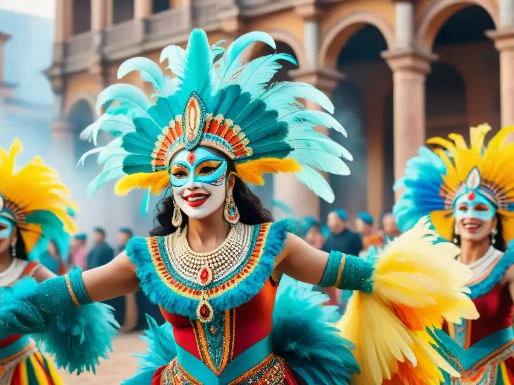 Vibrantes bailarines de Carnaval en Uruguay danzan con máscaras y plumas, fusionando tradición y tecnología con podcasts sobre Carnaval Uruguayo