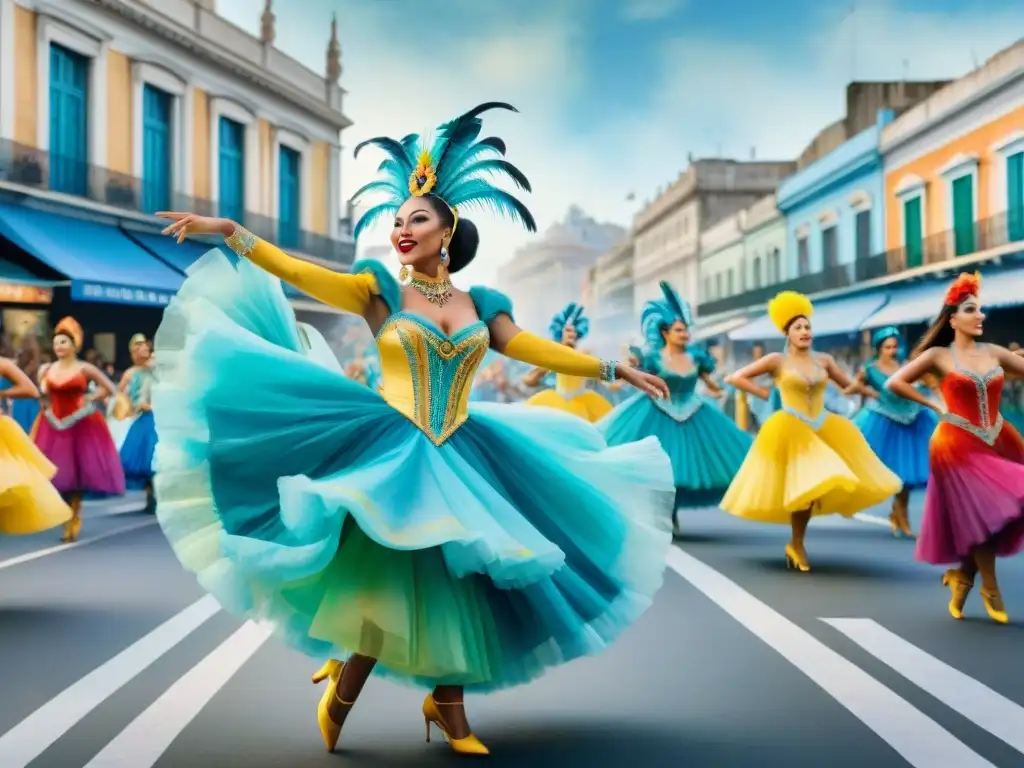 Vibrantes bailarines del Carnaval en la Rambla de Montevideo, Uruguay