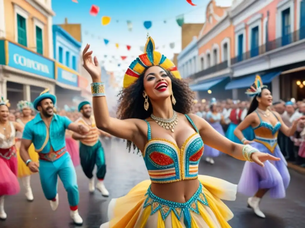 Vibrantes bailarines de carnaval en Uruguay, rodeados de alegría y color