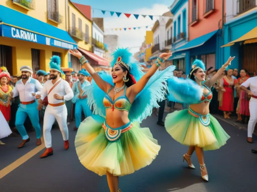 Vibrantes bailarines de Carnaval Uruguayo en detallada ilustración acuarela, capturando la energía y alegría de la festividad