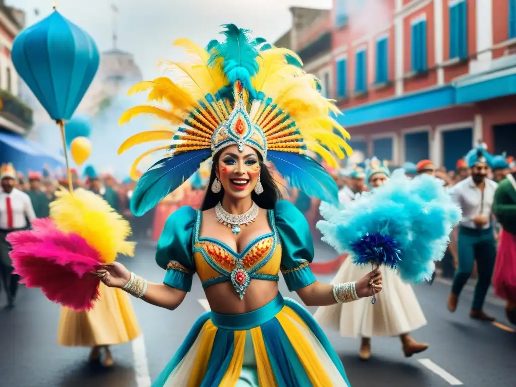 Vibrantes bailarines de Carnaval Uruguayo con trajes tradicionales, plumas, máscaras y faldas, en desfile callejero