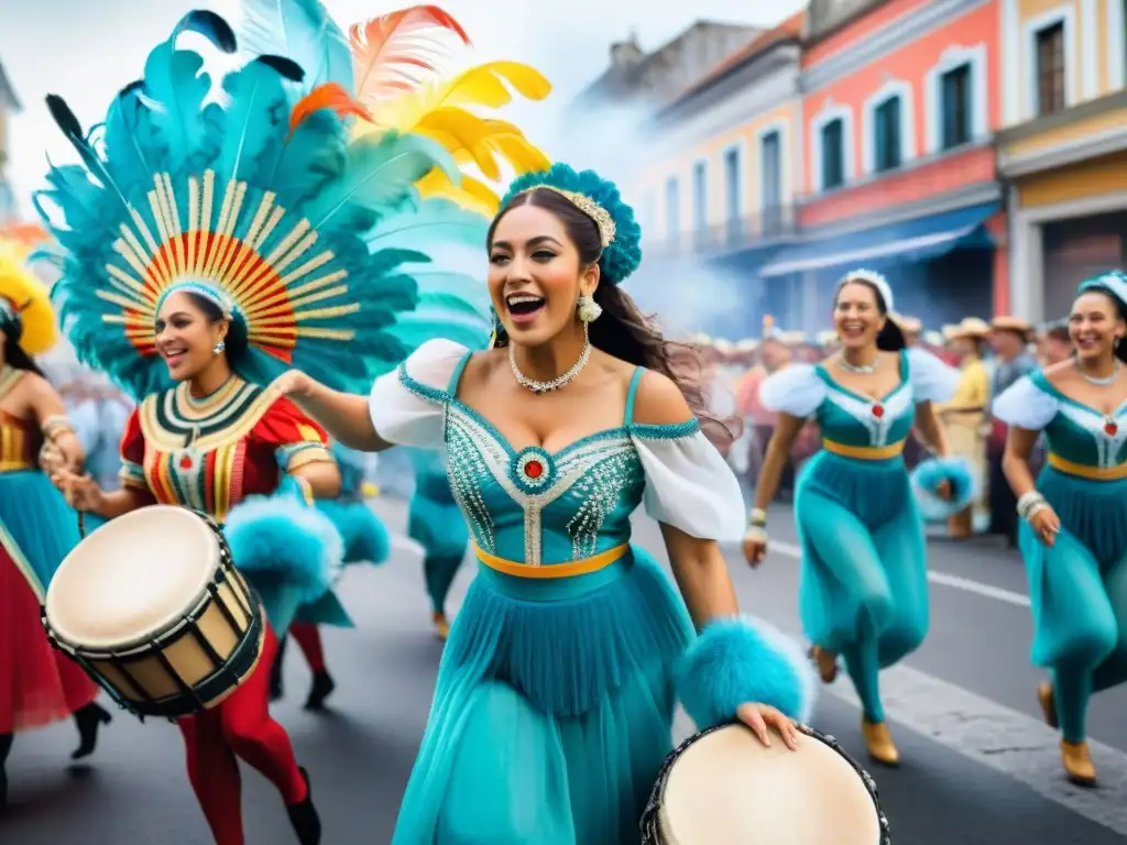 Vibrantes bailarines del Carnaval Uruguayo en trajes coloridos, plumas y lentejuelas, danzando al ritmo de tambores de candombe en desfile festivo