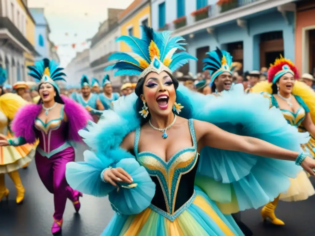 Vibrantes bailarines en desfile de carnaval uruguayo, capturados en acuarela detallada