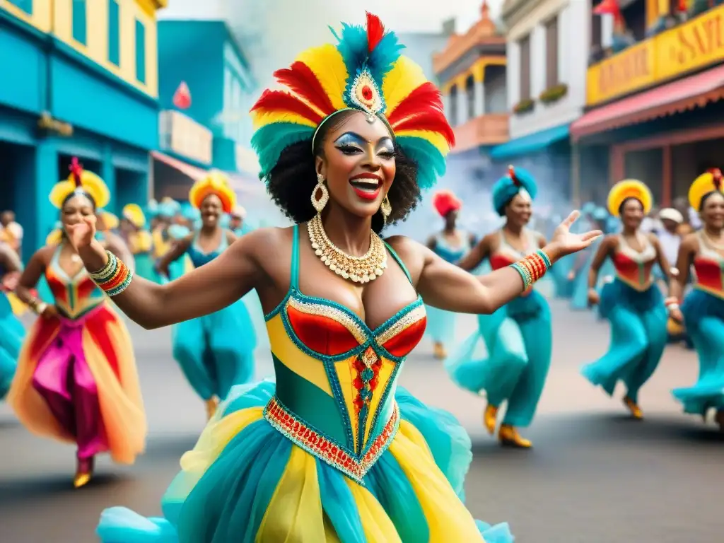 Vibrantes bailarines en detallado Carnaval Uruguayo, danzando con energía y alegría