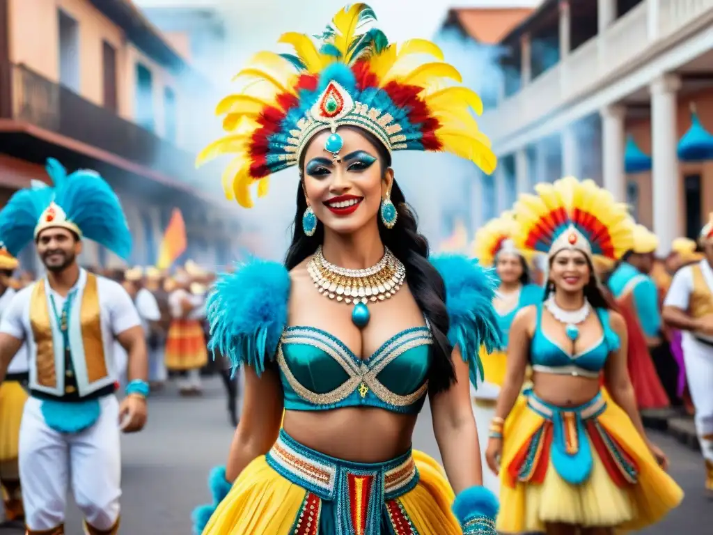 Vibrantes bailarines en trajes de Carnaval Uruguayo rodeados de alegría y color