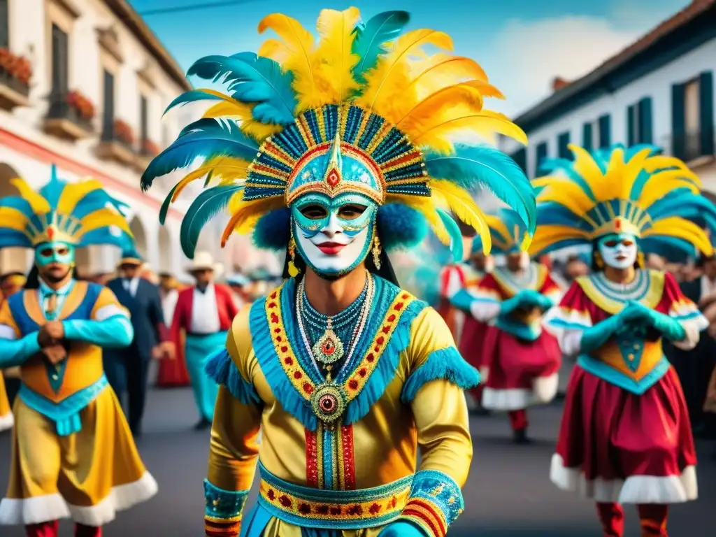 Vibrantes joyas ocultas trajes Carnaval Uruguayo danzan en un desfile festivo