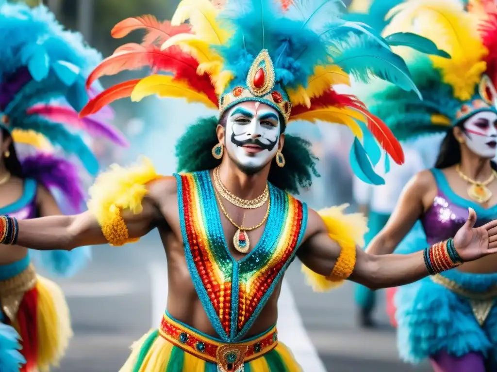 Vibrantes trajes murgas del Carnaval Uruguayo llenos de color, brillo y plumas, danzando al ritmo de tambores