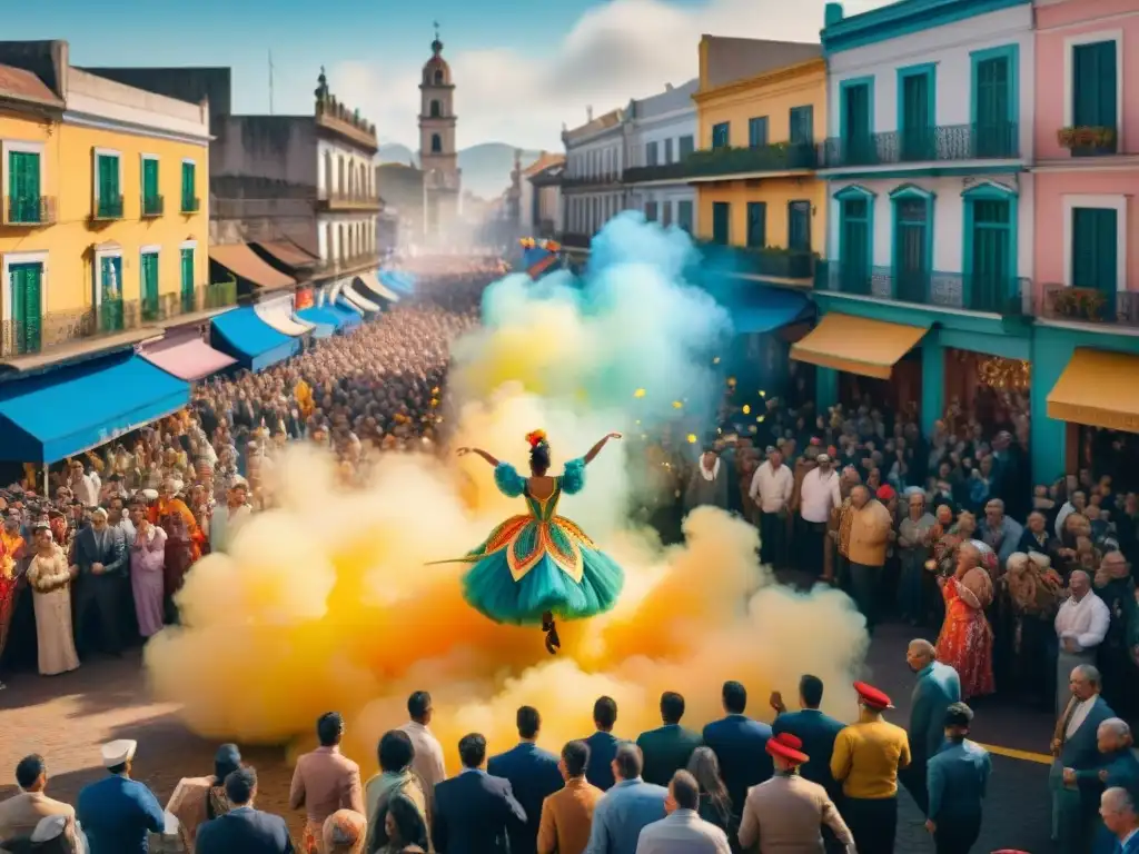 Vista aérea detallada del vibrante Carnaval Uruguayo con carrozas y danzarines en trajes coloridos