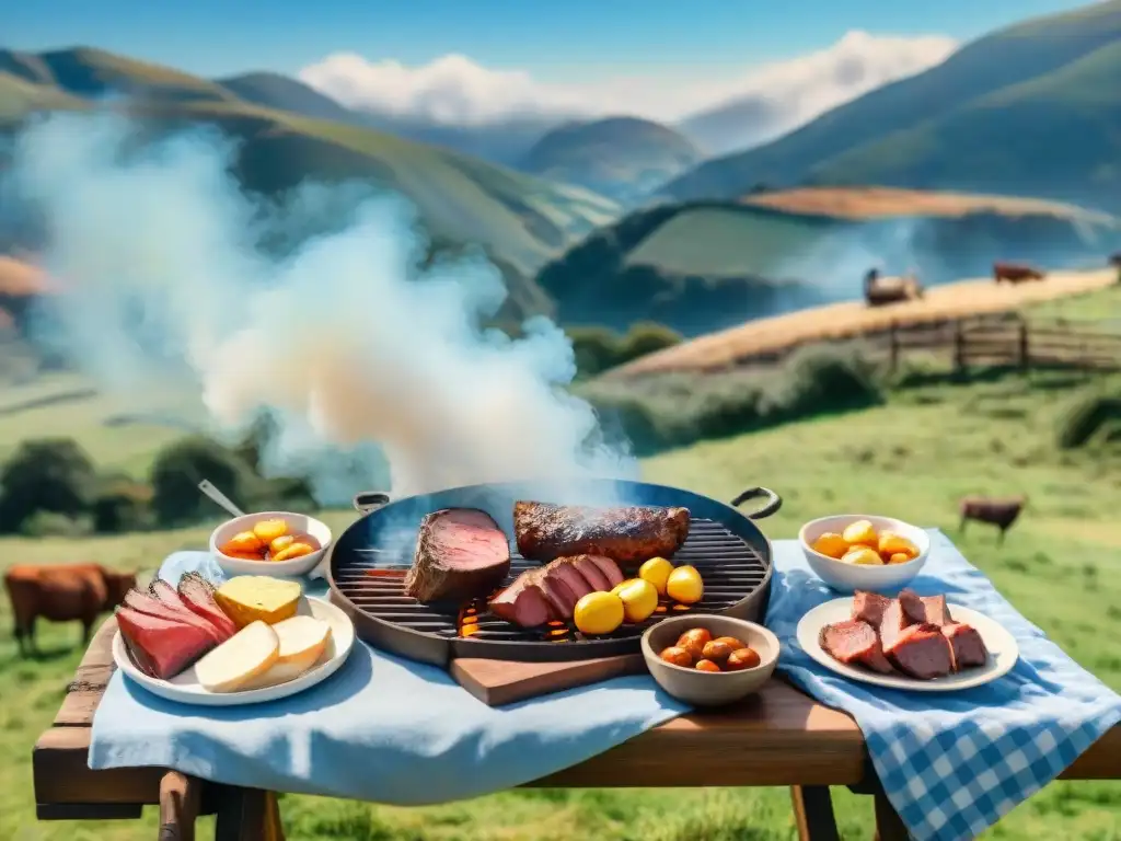 Vista detallada de un Asado con cuero tradicional Uruguayo en el campo, con gauchos, carne asándose y paisaje pintoresco