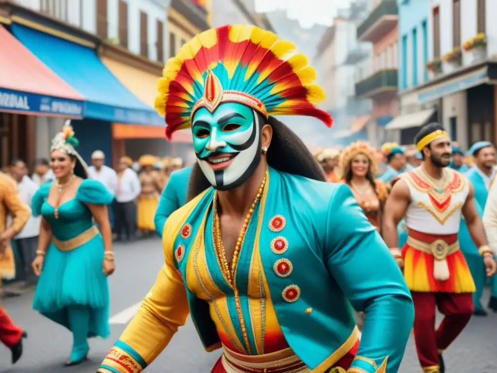 Vista detallada de calle vibrante en Carnaval Uruguayo con trajes coloridos y música alegre, para merchandising oficial Carnaval Uruguayo