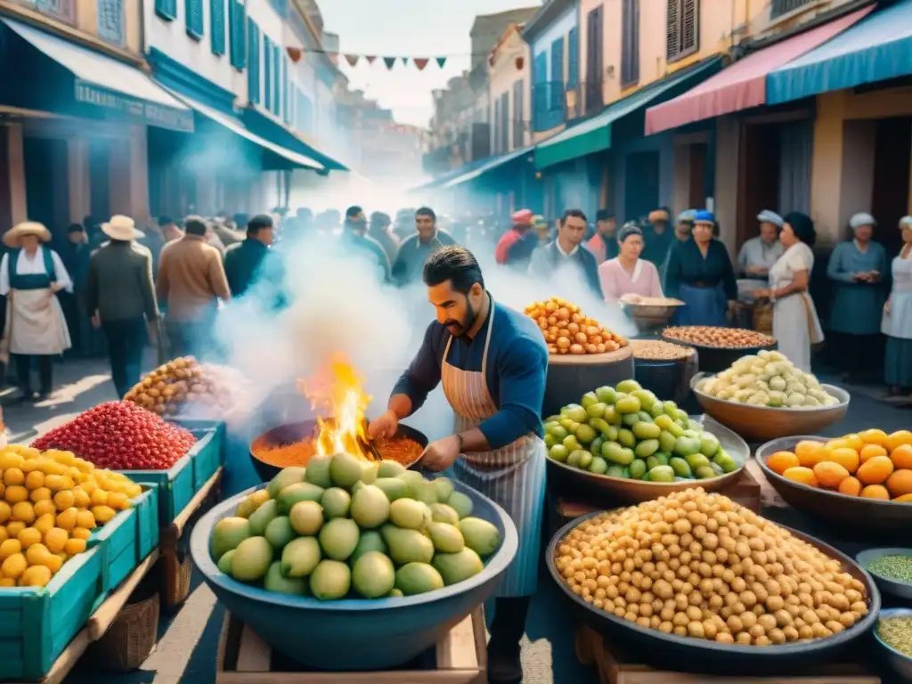 Vista detallada de mercado callejero en Carnaval Uruguayo con frutas coloridas y platillos tradicionales