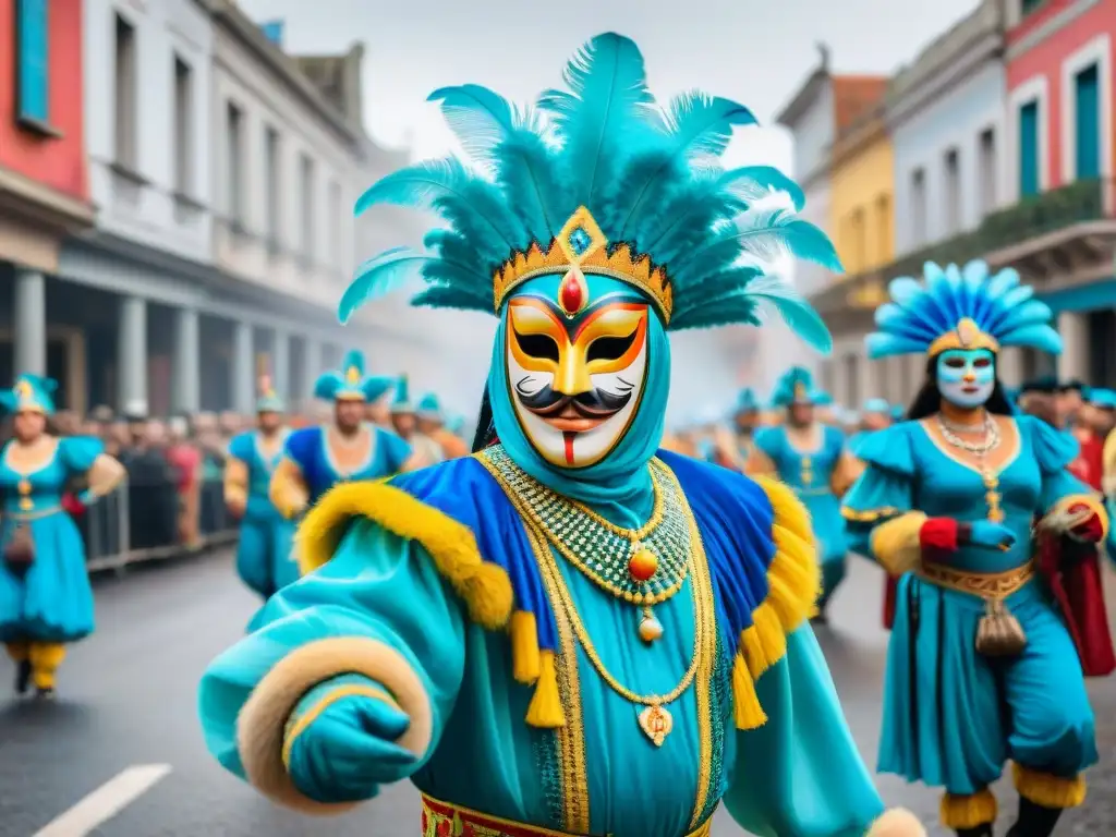 Una viva pintura acuarela del Carnaval en Uruguay con ritmos tradicionales y coloridas celebraciones