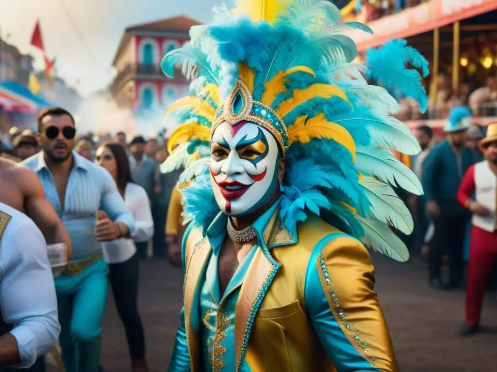 Vívida pintura acuarela de momentos controvertidos Carnaval Uruguayo: discusión entre artistas mientras la multitud observa