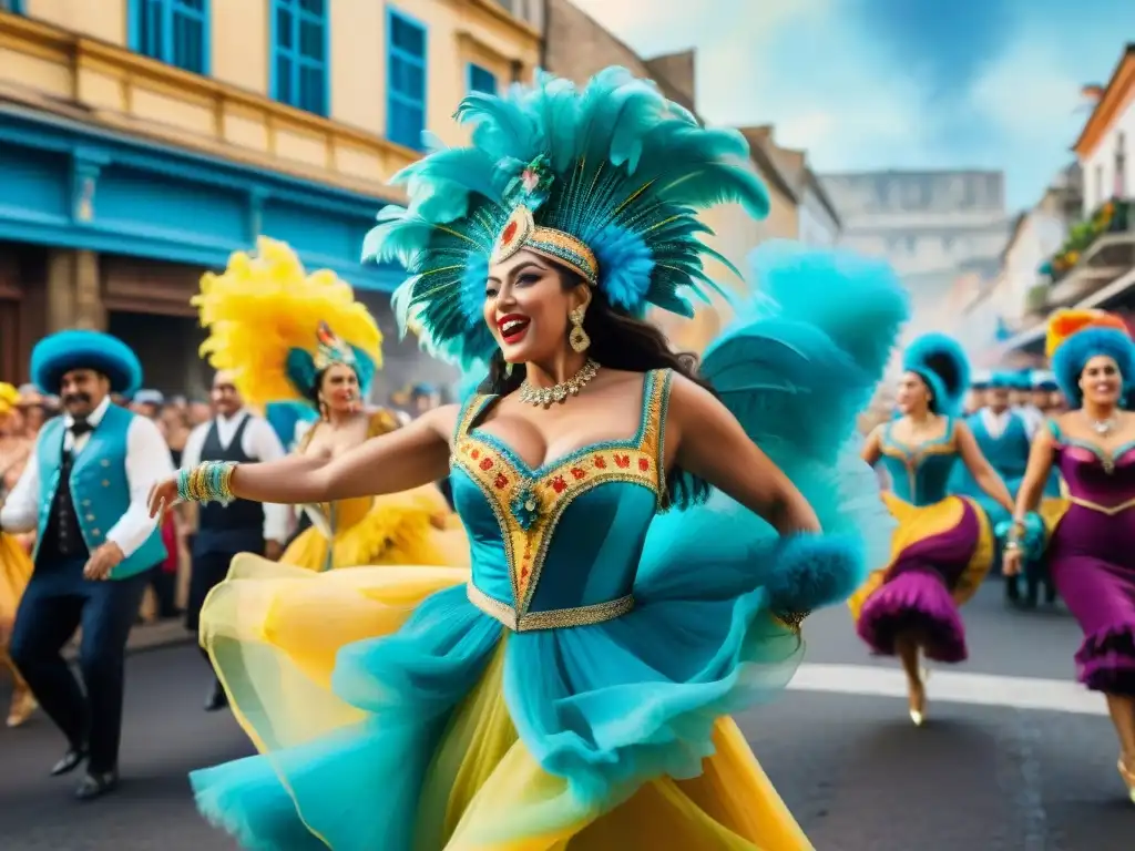 Vívidas bailarinas de carnaval en Uruguay, la calle bulliciosa y espectadores disfrutando