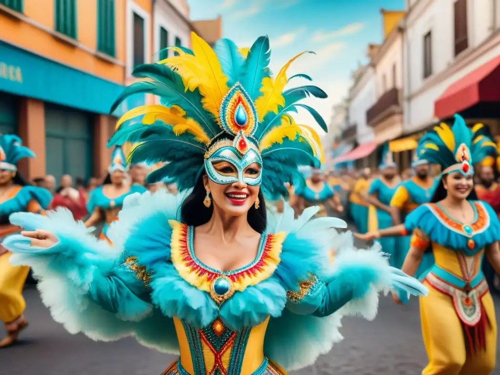 Vívido cuadro de Carnaval Uruguayo: bailarines con trajes coloridos y máscaras, música y multitud