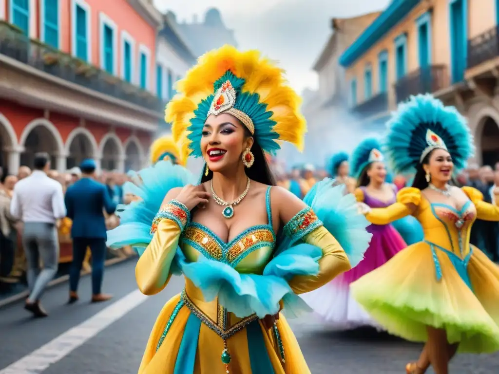 Transmisión en vivo Carnaval Uruguayo: Colorida ilustración acuarela de vibrante celebración callejera con bailarines y música alegre