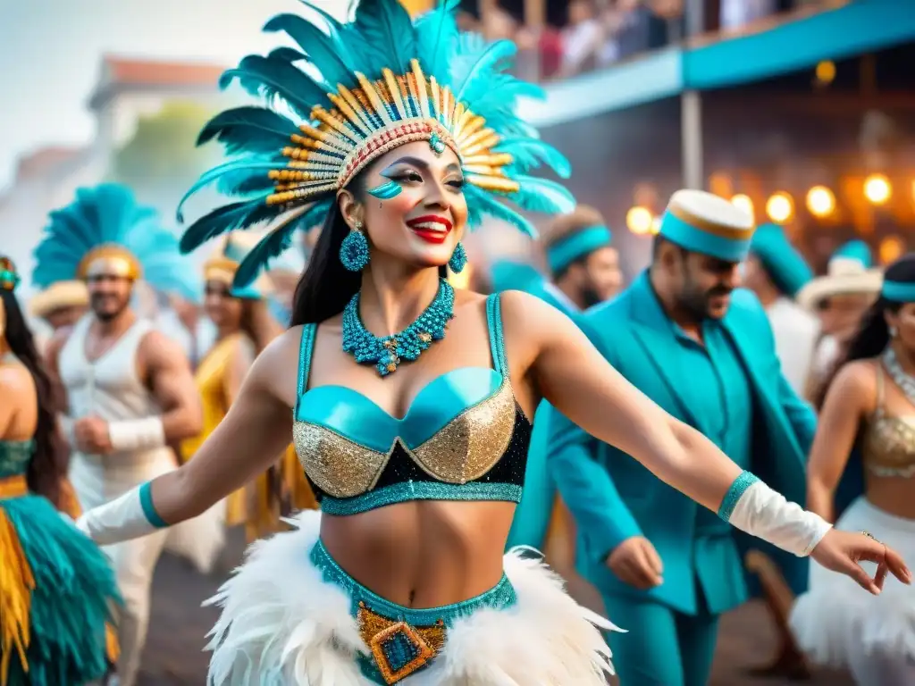 Transmisión en vivo Carnaval Uruguayo: Coloridos bailarines de carnaval en trajes tradicionales, rodeados de confeti y espectadores animados